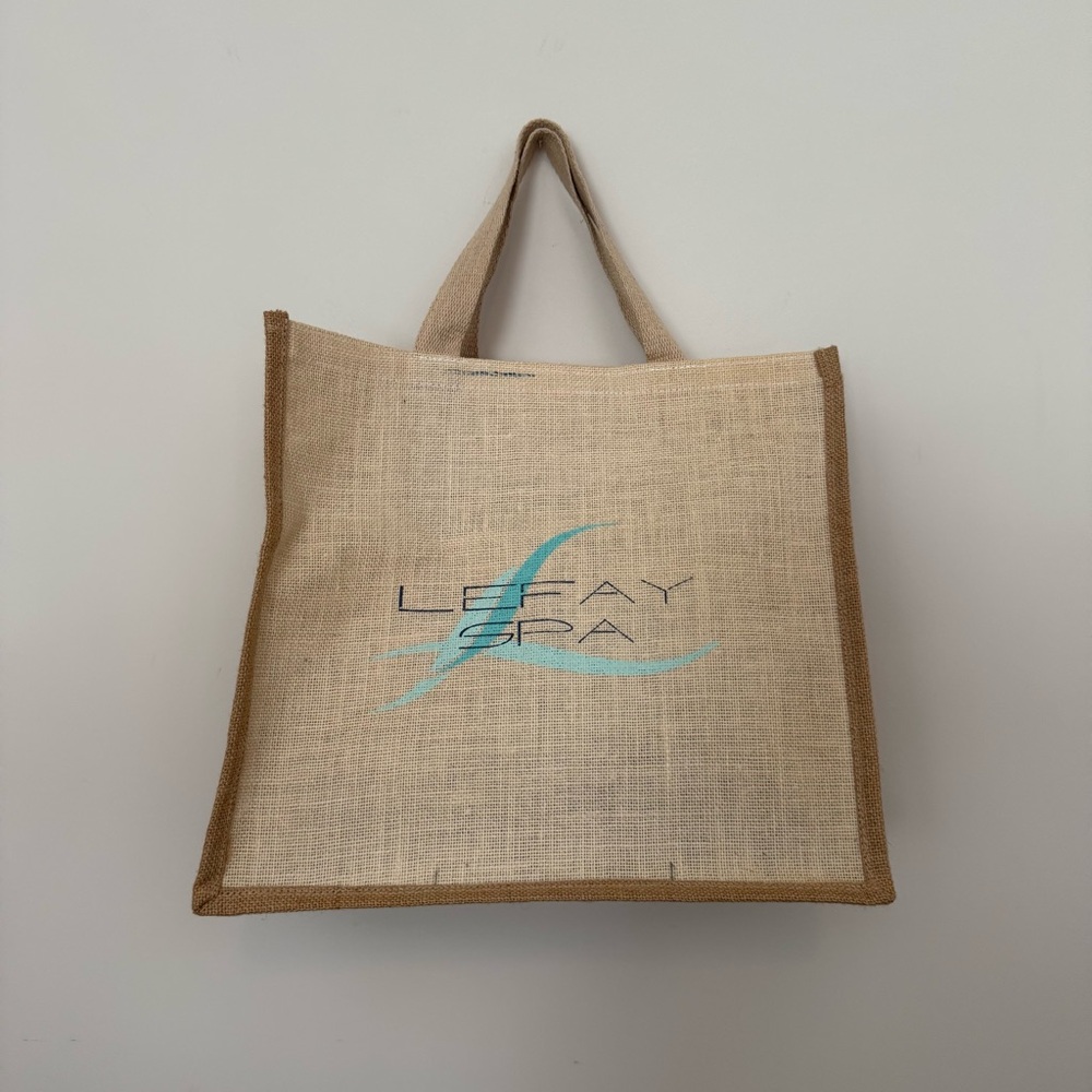 LeFay Spa Italy Lake Garda Natural Jute Tote with Aqua Design